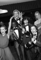 LOS ANGELES, CA - JANUARY 29:  (L-R) Actors Millie Bobby Brown, Caleb McLaughlin, Matthew Modine, Finn Wolfhard, Noah Schnapp, Cara Buono and Gaten Matarazzo, winners of the Outstanding Ensemble in a Drama Series award for 'Stranger Things,' pose during The 23rd Annual Screen Actors Guild Awards at The Shrine Auditorium on January 29, 2017 in Los Angeles, California. 26592_016  (Photo by Emma McIntyre/Getty Images for TNT)