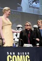 Director J.J. Abrams, producer Kathleen Kennedy, screenwriter Lawrence Kasdan, actors Harrison Ford, Mark Hamill, Carrie Fisher, Adam Driver, Daisy Ridley, John Boyega, Oscar Isaac, Domhnall Gleeson, Gwendoline Christie, and moderator Chris Hardwick at the Hall H Panel for ÂStar Wars: The Force AwakensÂ during Comic-Con International 2015 at the San Diego Convention Center on July 10, 2015 in San Diego, California.