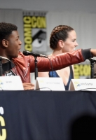 Director J.J. Abrams, producer Kathleen Kennedy, screenwriter Lawrence Kasdan, actors Harrison Ford, Mark Hamill, Carrie Fisher, Adam Driver, Daisy Ridley, John Boyega, Oscar Isaac, Domhnall Gleeson, Gwendoline Christie, and moderator Chris Hardwick at the Hall H Panel for ÂStar Wars: The Force AwakensÂ during Comic-Con International 2015 at the San Diego Convention Center on July 10, 2015 in San Diego, California.